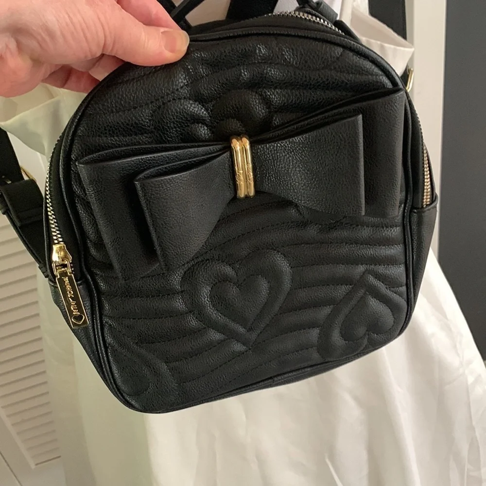 Betsey Johnson Black Hearts and Bow Mini Backpack with Gold Hardware 8.5 x 9”